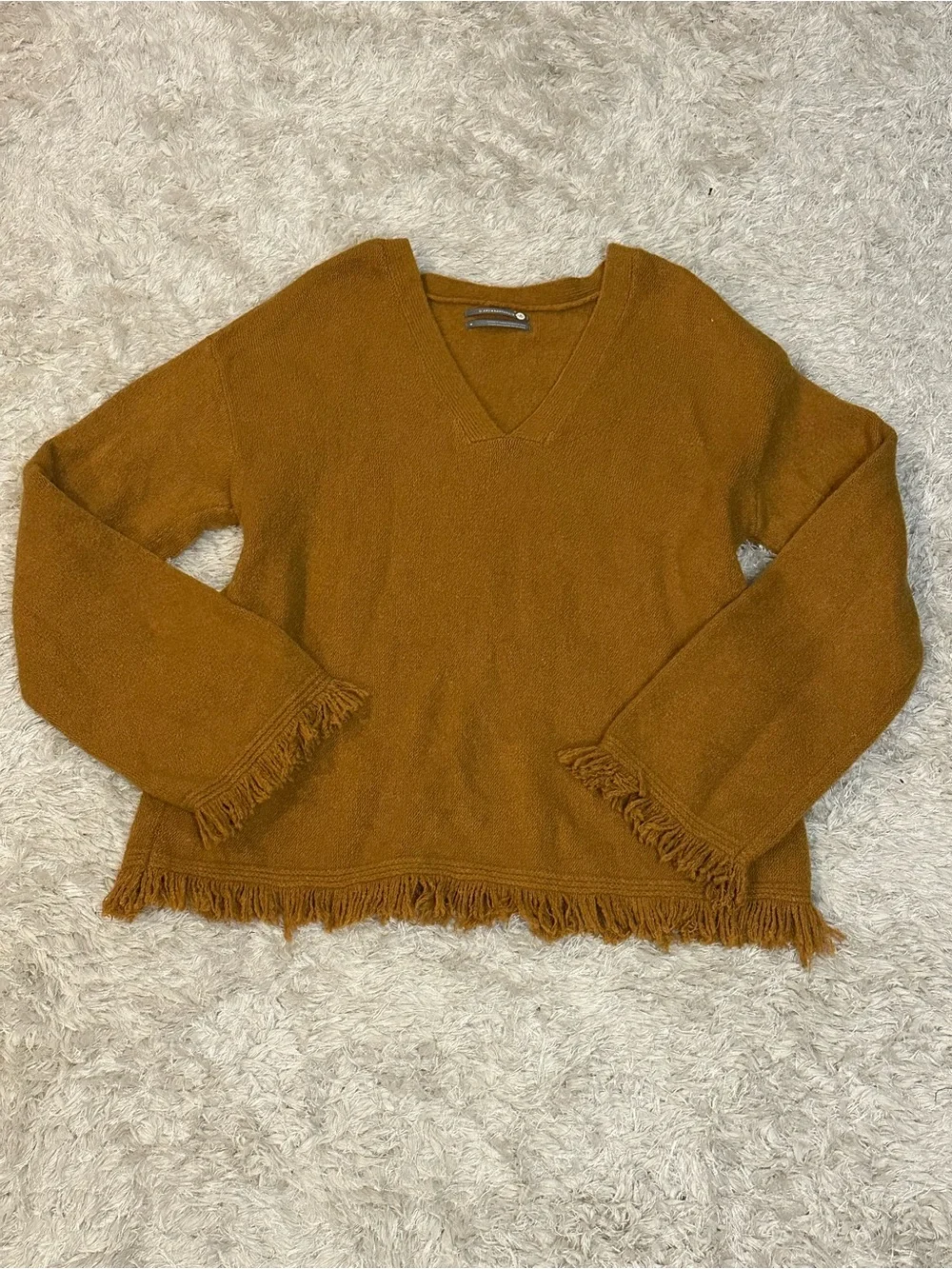 by Anthropologie Mustard V-Neck Fringe Hem Sweater Alpaca Wool Blend - M